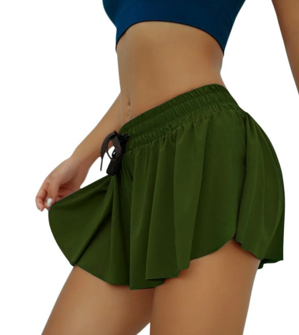 Women’s yoga shorts, green high-waist skirted design with elastic waistband and drawstring