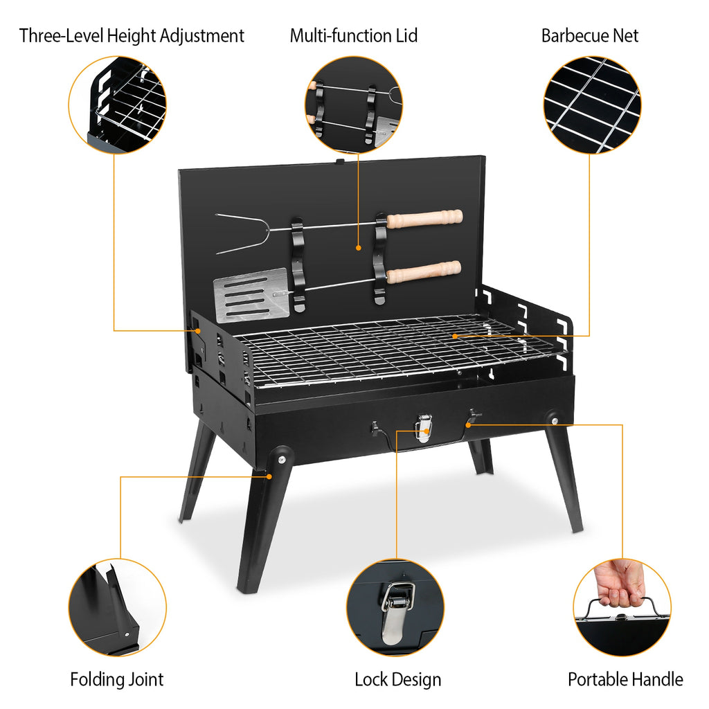 Black foldable BBQ grill with lid open, wire grate, side vents, and folding supports