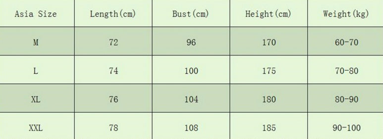 Men's muscle tank top size chart with length, bust, height, weight (cm/kg)