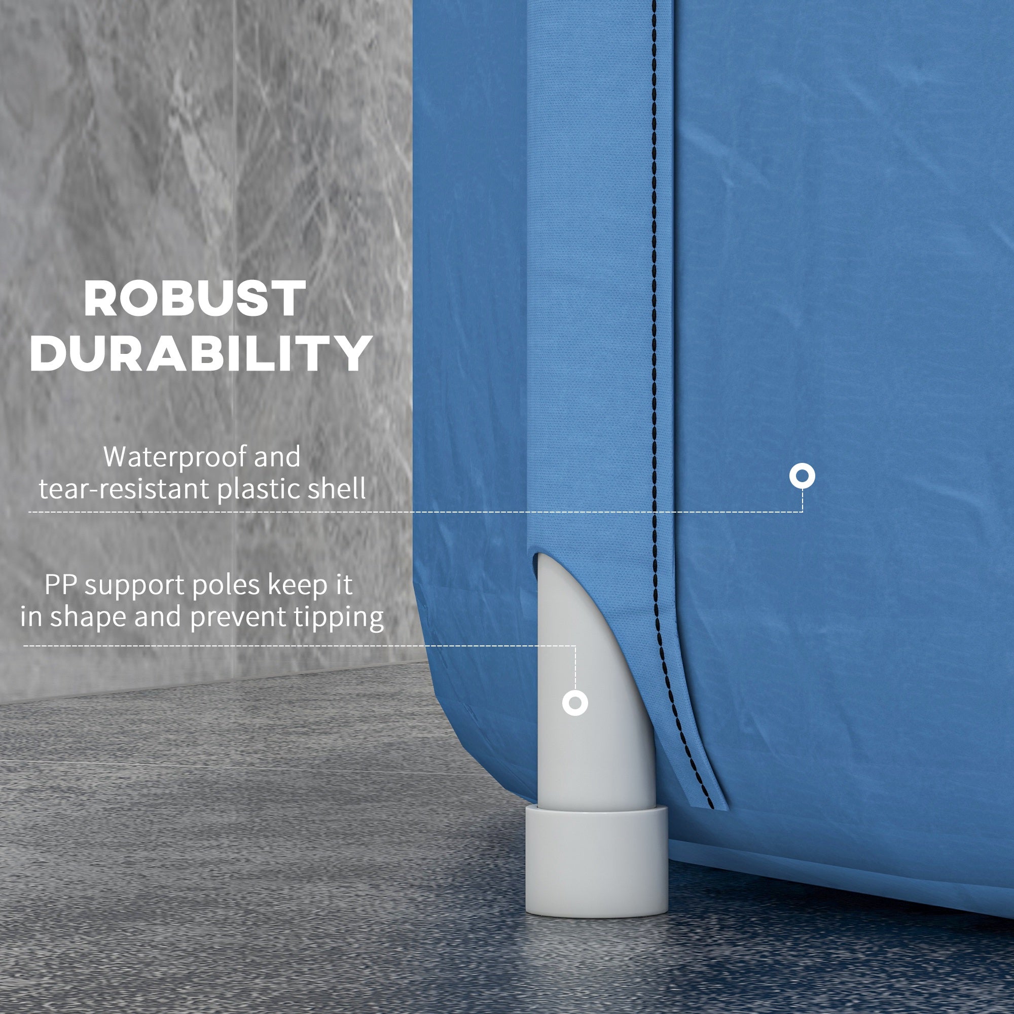Blue portable ice bath tub wall with reinforced seams and support pole base