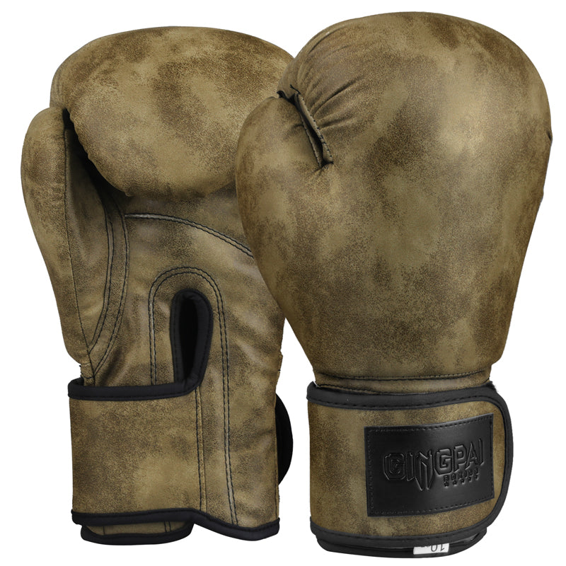 Olive green vintage boxing gloves with black wrist strap and knuckle guard, pair front view