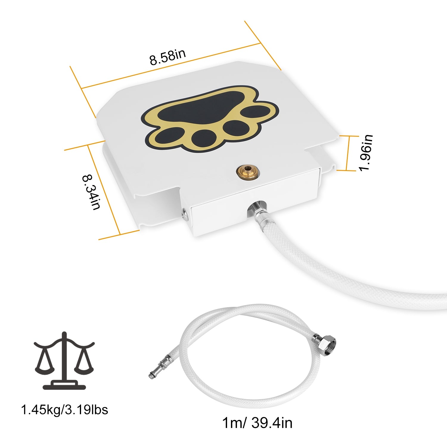 White dog water fountain pedal unit with paw graphic and attached hose