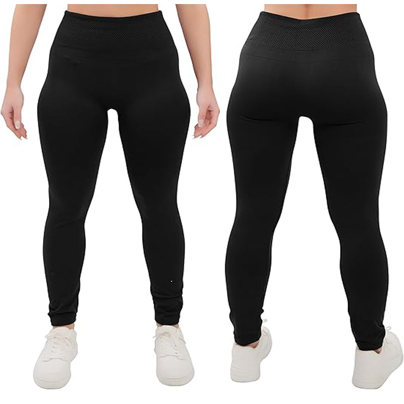 Black high-waist fleece-lined leggings, tapered legs, close hem
