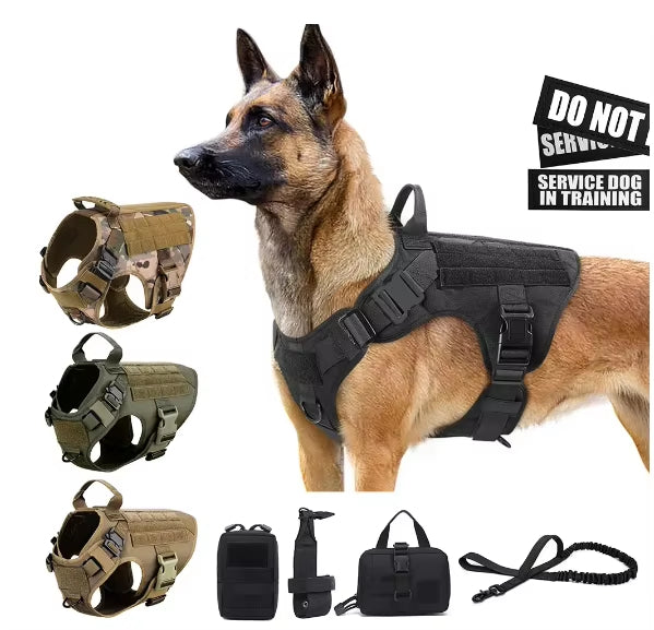 Black tactical dog harness with camo straps; matching leash set accessories