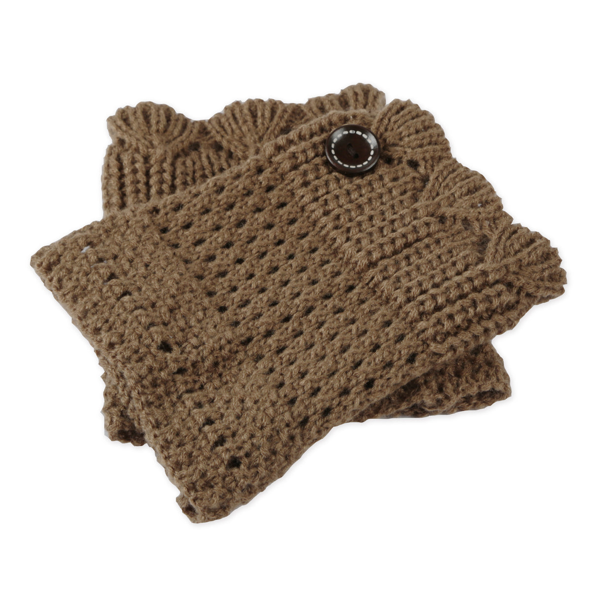 Khaki crochet knit leg warmers with eyelet pattern and round metal button
