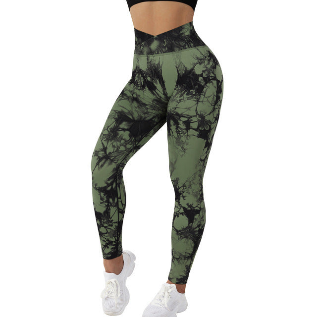 High-waist tie-dye seamless leggings in dark green with black abstract pattern