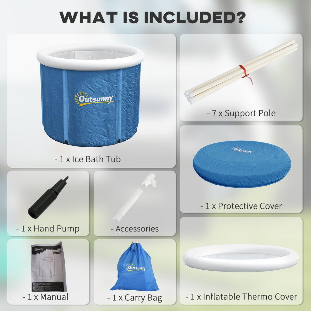 Portable ice bath tub kit with hand pump, support poles, and protective cover