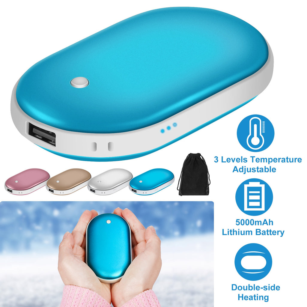 Hand warmer and power bank, blue oval device with USB port and indicator lights.