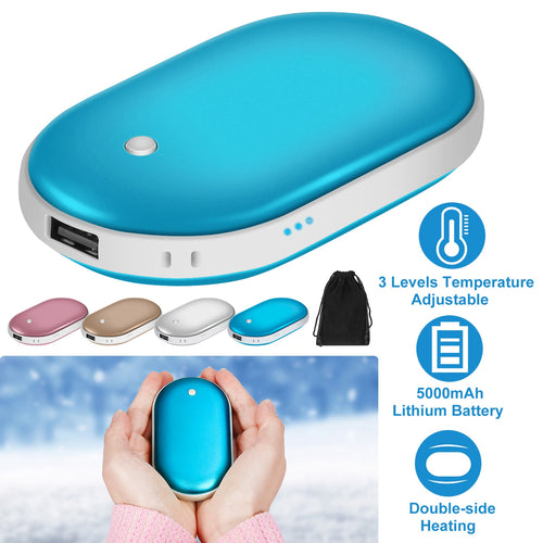 Hand warmer and power bank, blue oval device with USB port and indicator lights.