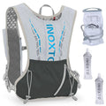 Light grey hydration vest with honeycomb mesh back, front pocket, and adjustable straps