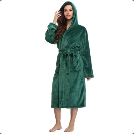 Oversized hooded bathrobe in green plush flannel with tie belt and pockets