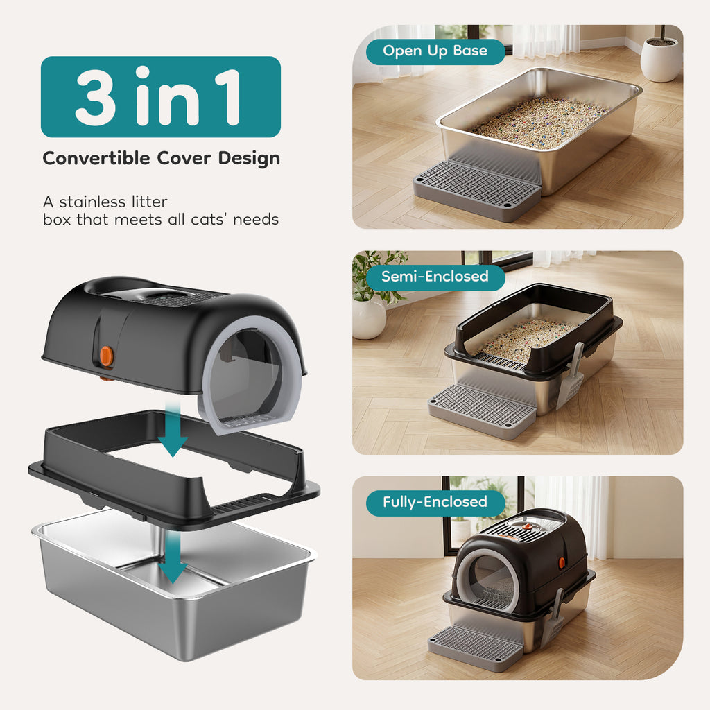 Convertible cat litter box with hood and base, illustrated in open, semi-enclosed, and enclosed views