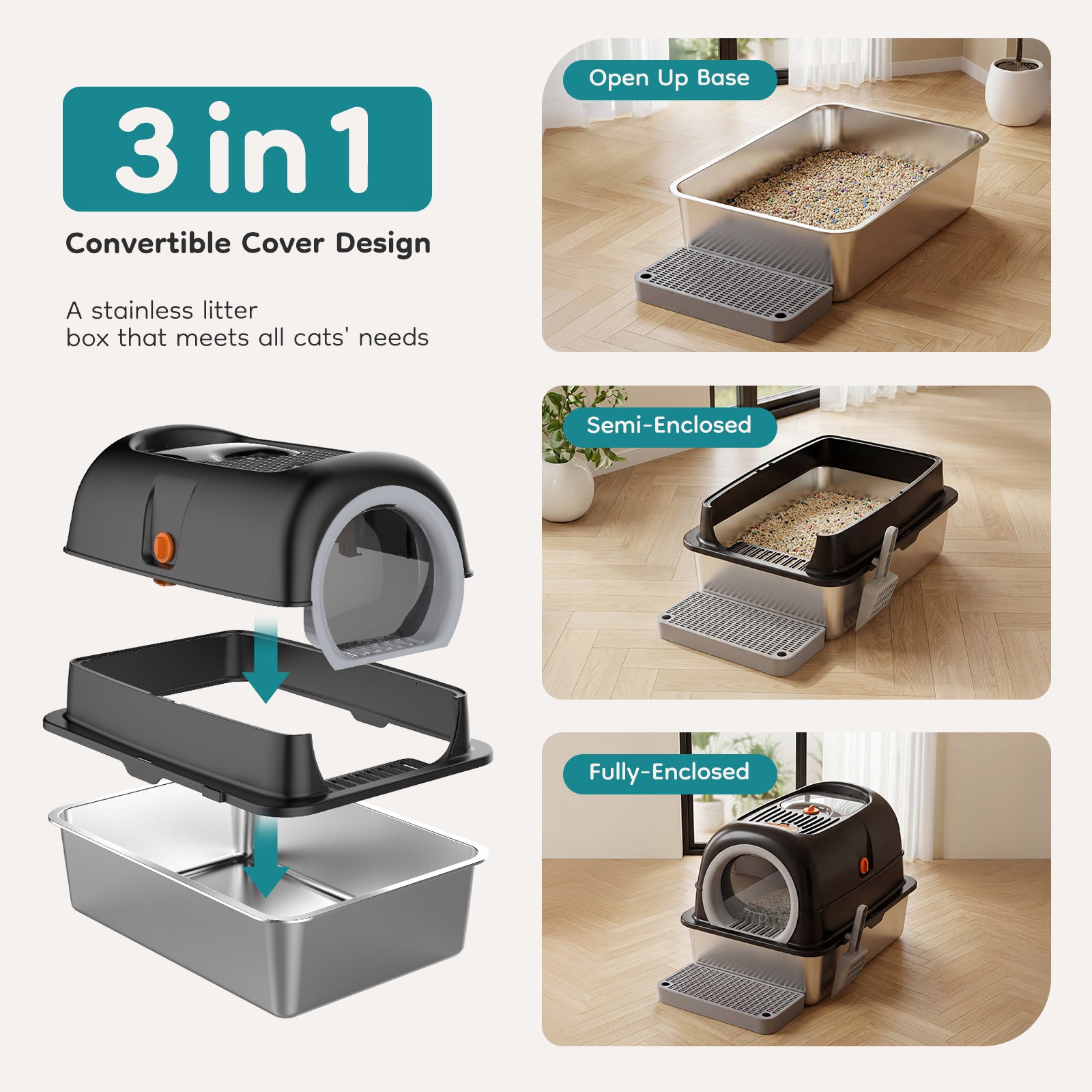 Convertible cat litter box with hood and base, illustrated in open, semi-enclosed, and enclosed views
