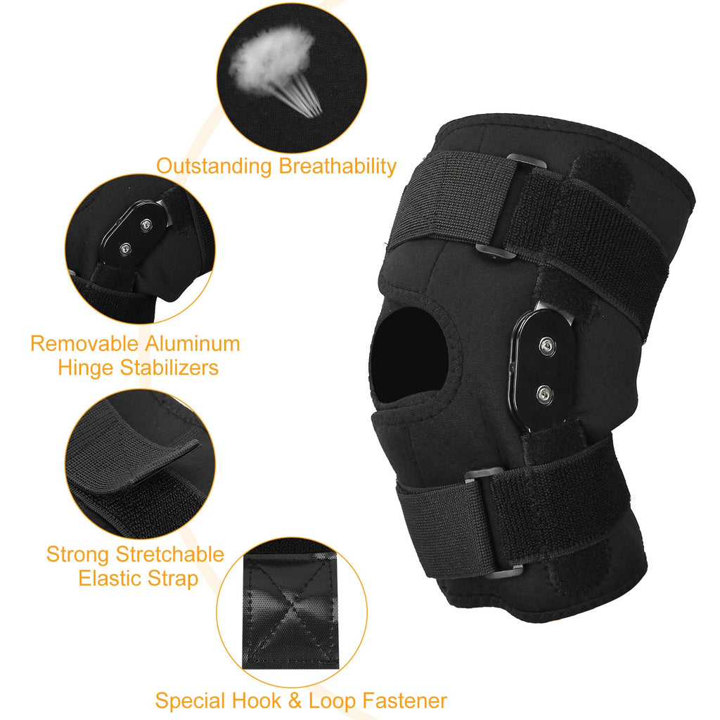 Black open-knee brace detail: removable aluminum hinge and hook-loop fastening straps
