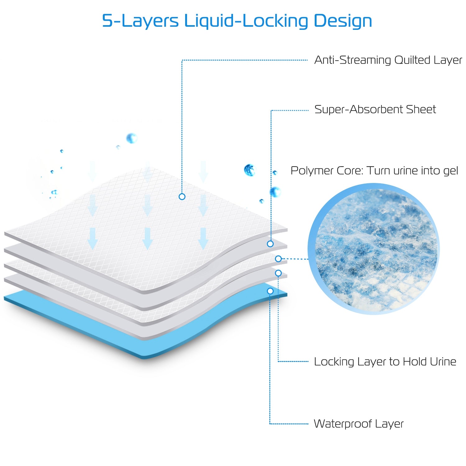 5-layer liquid-lock design pet pee pad cross-section diagram, blue and white