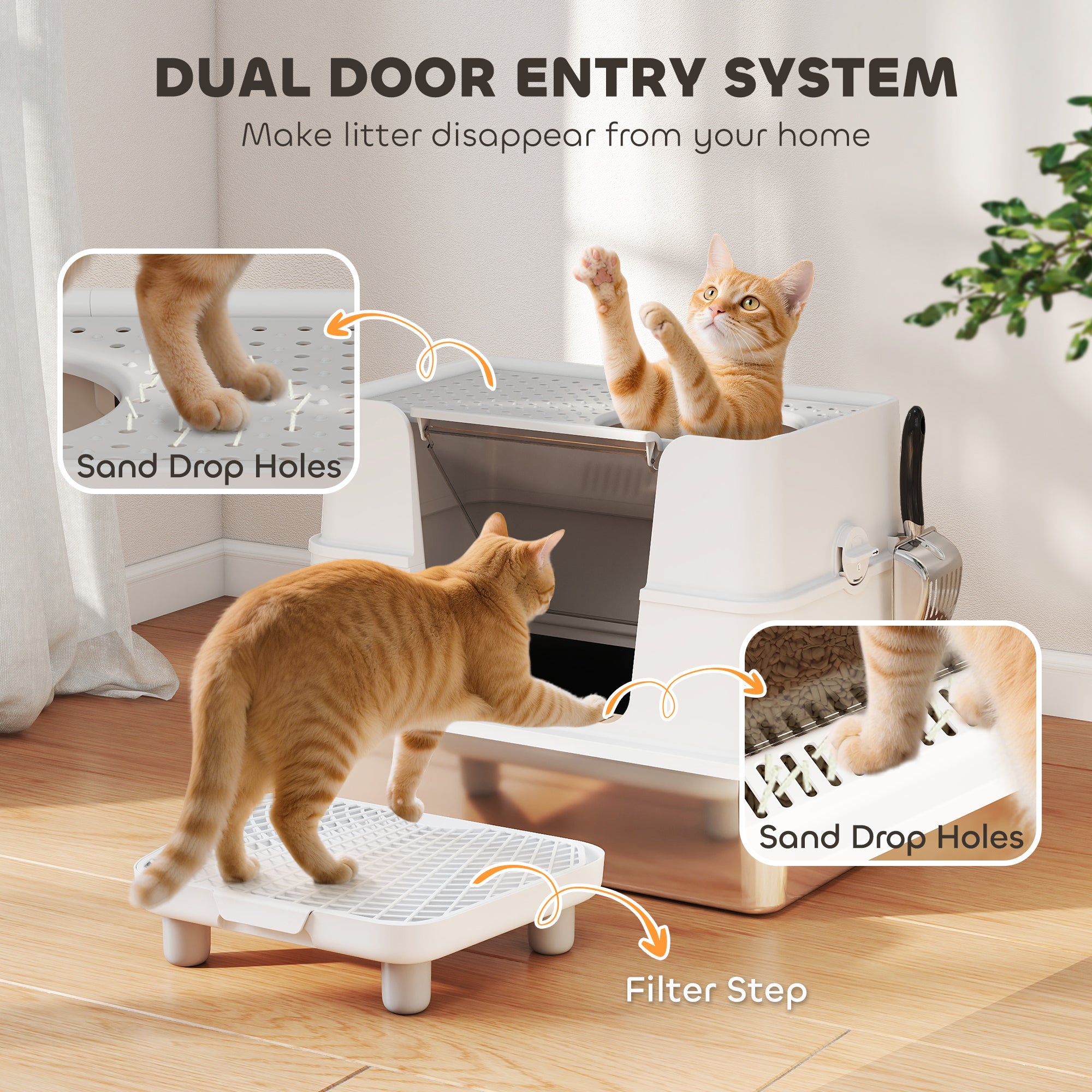 Litter box with dual door entry system and filter step; orange tabby cats on ramp