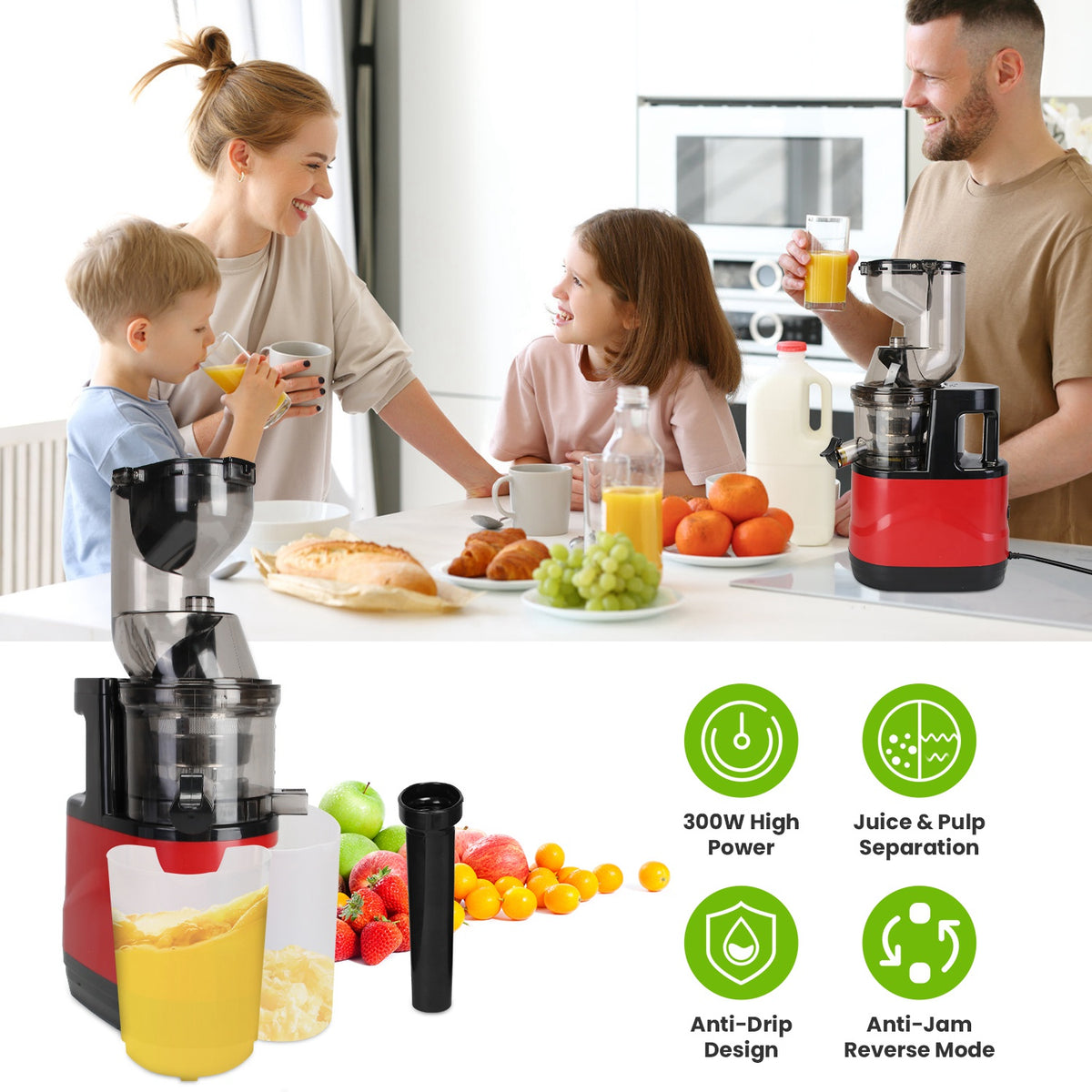 Red cold press juicer with clear pulp container and chrome spout on countertop.