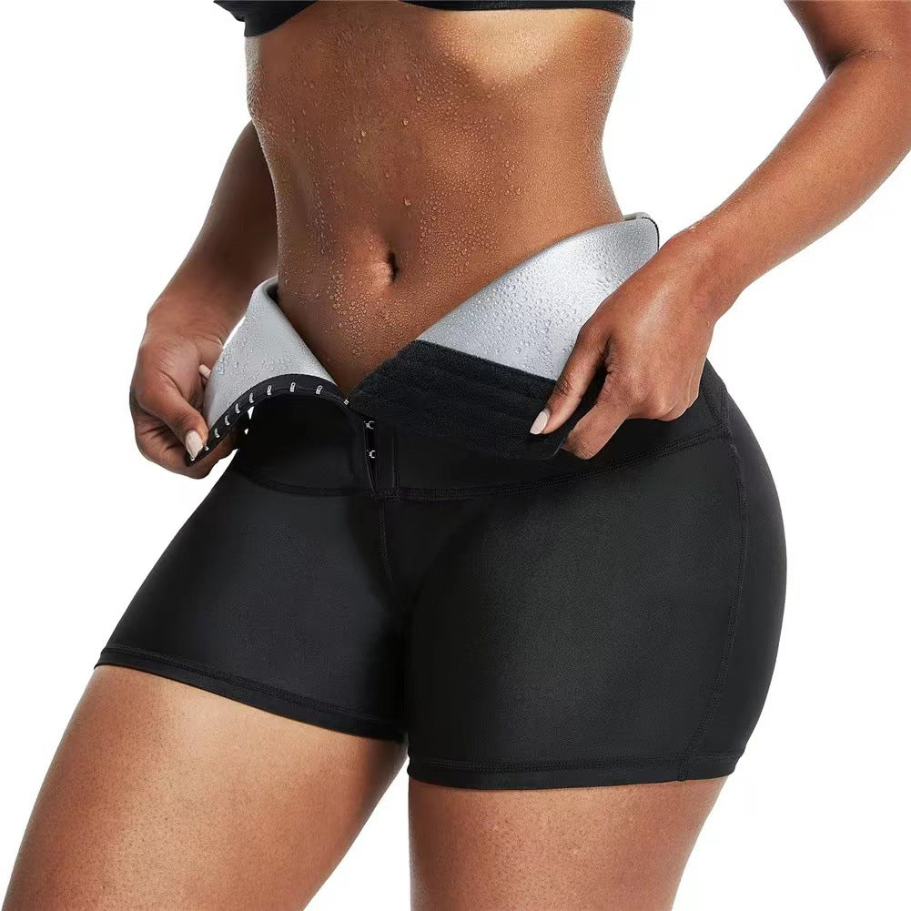 Black sauna sweat shorts with grey waistband lining and adjustable front hook closure
