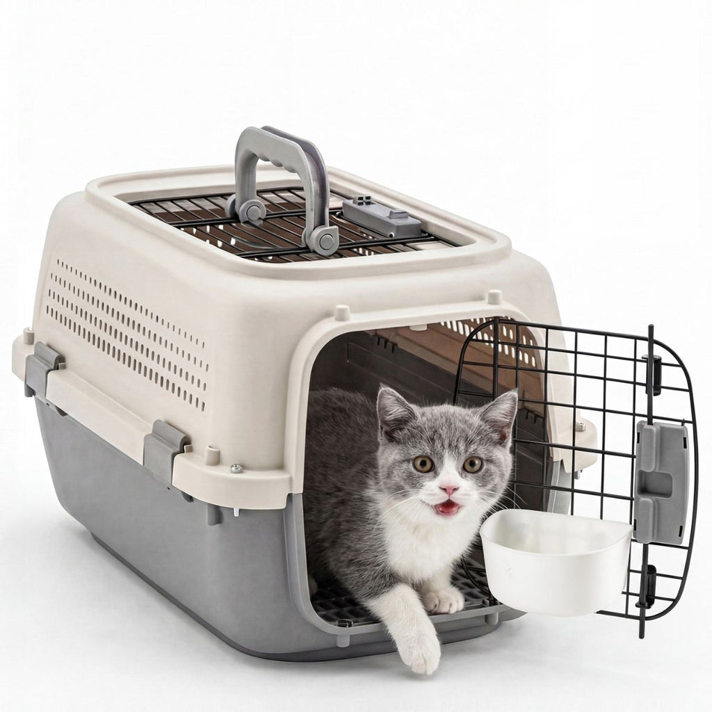 Hard-sided pet carrier with top handle, ventilated top, and front wire door, beige and gray