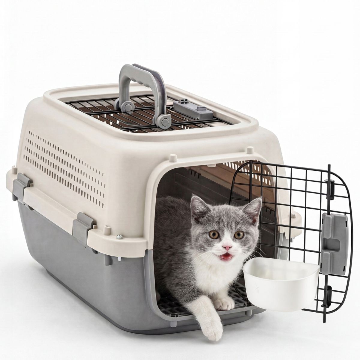 Hard-sided pet carrier with top handle, ventilated top, and front wire door, beige and gray