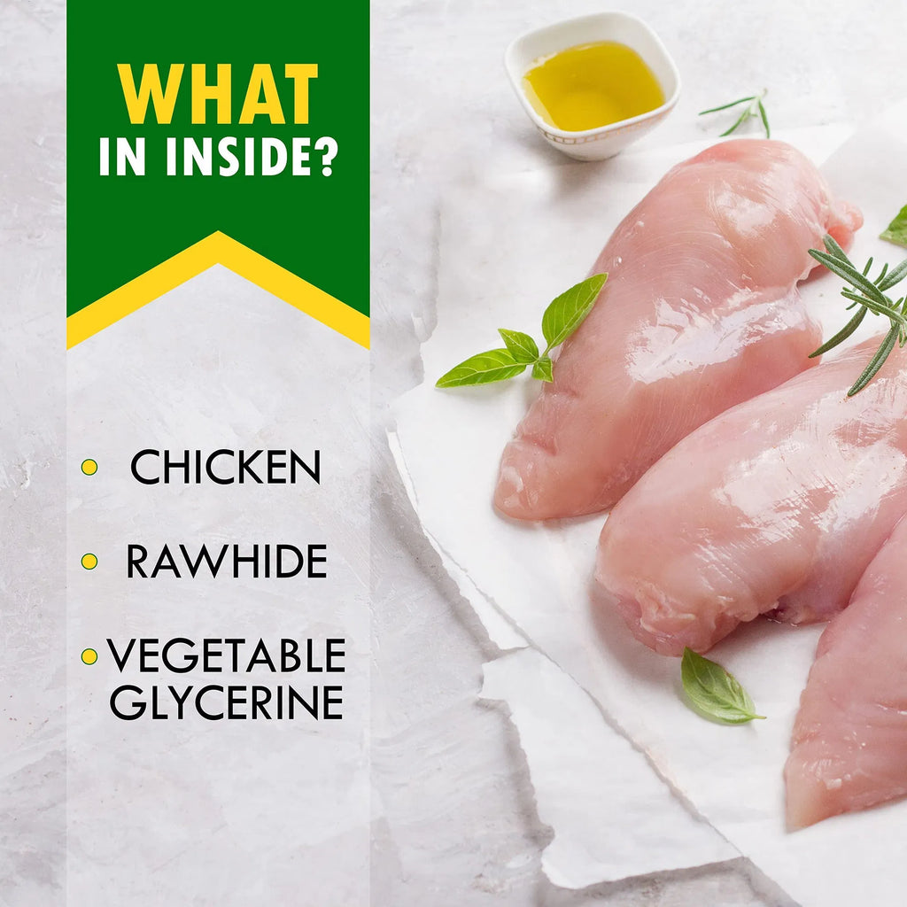 Raw chicken pieces with bowl of oil; ingredient panel for smoked rawhide sticks