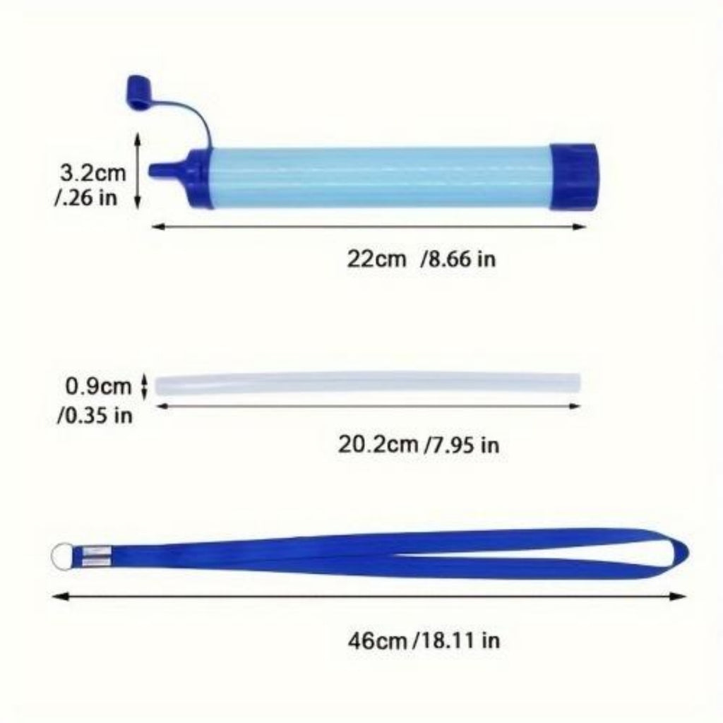 Blue portable water purifier and hose shown with dimensions for length and height.