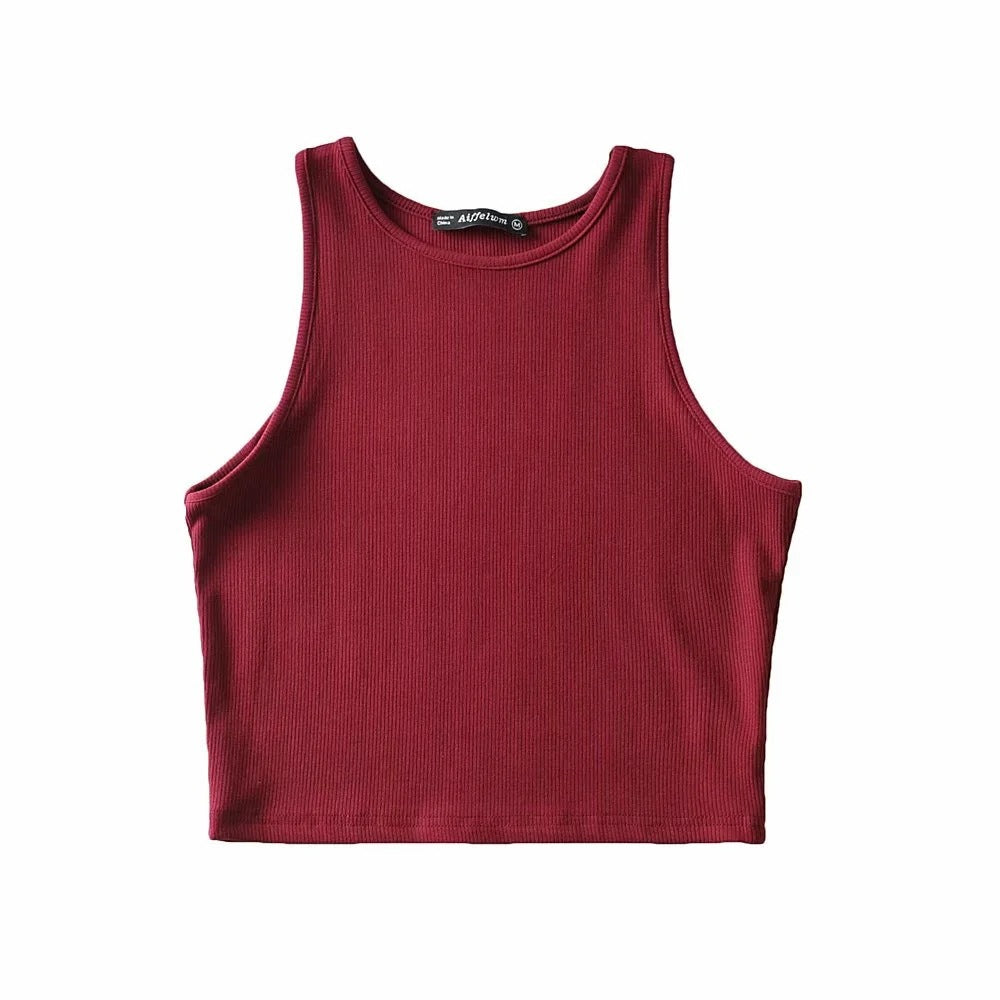 Women’s solid red ribbed fitness tank top, sleeveless