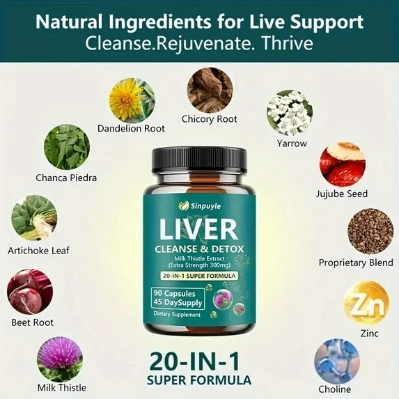 Liver cleanse & detox supplement bottle with herbal ingredient icons and 20-in-1 formula