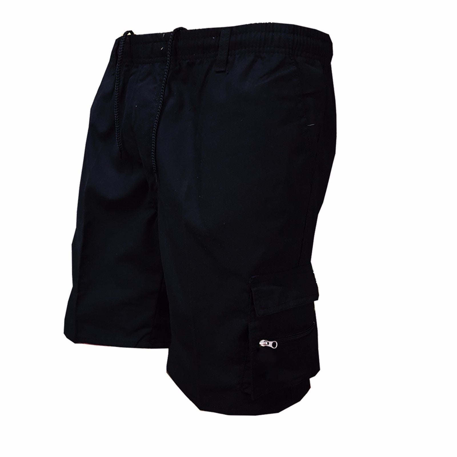 Men’s loose workout shorts in black with drawstring waist and cargo side pocket