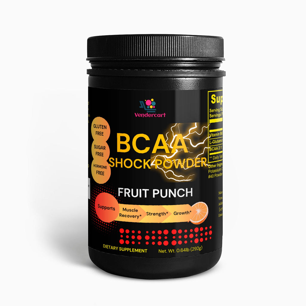 Black BCAA Shock Powder tub with Fruit Punch flavor label