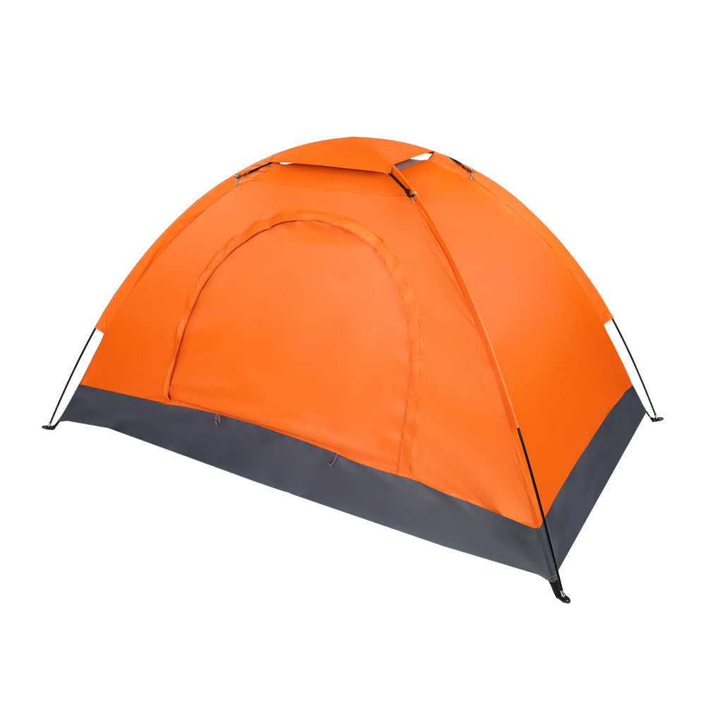 Orange 1-person dome tent with arched doorway and dark gray floor