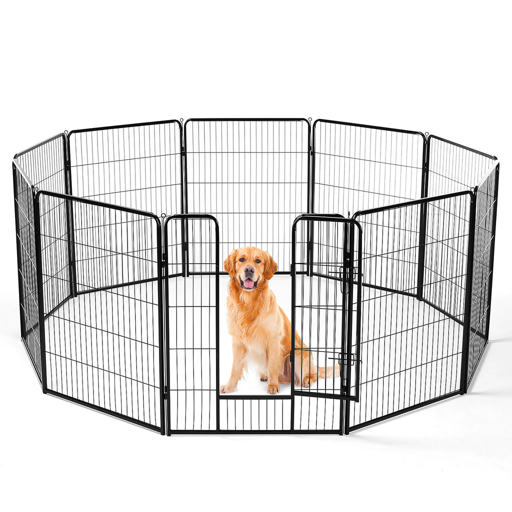 Black indoor dog playpen enclosure with single door and wire grid side panels