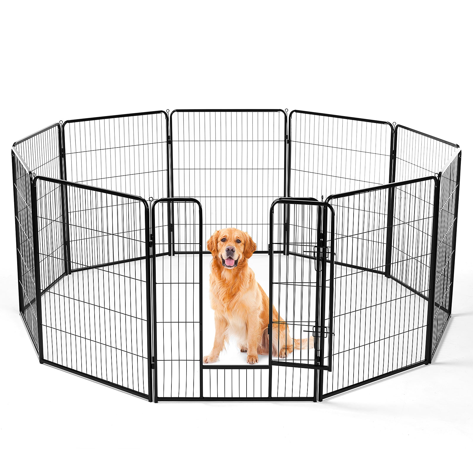 Black indoor dog playpen enclosure with single door and wire grid side panels