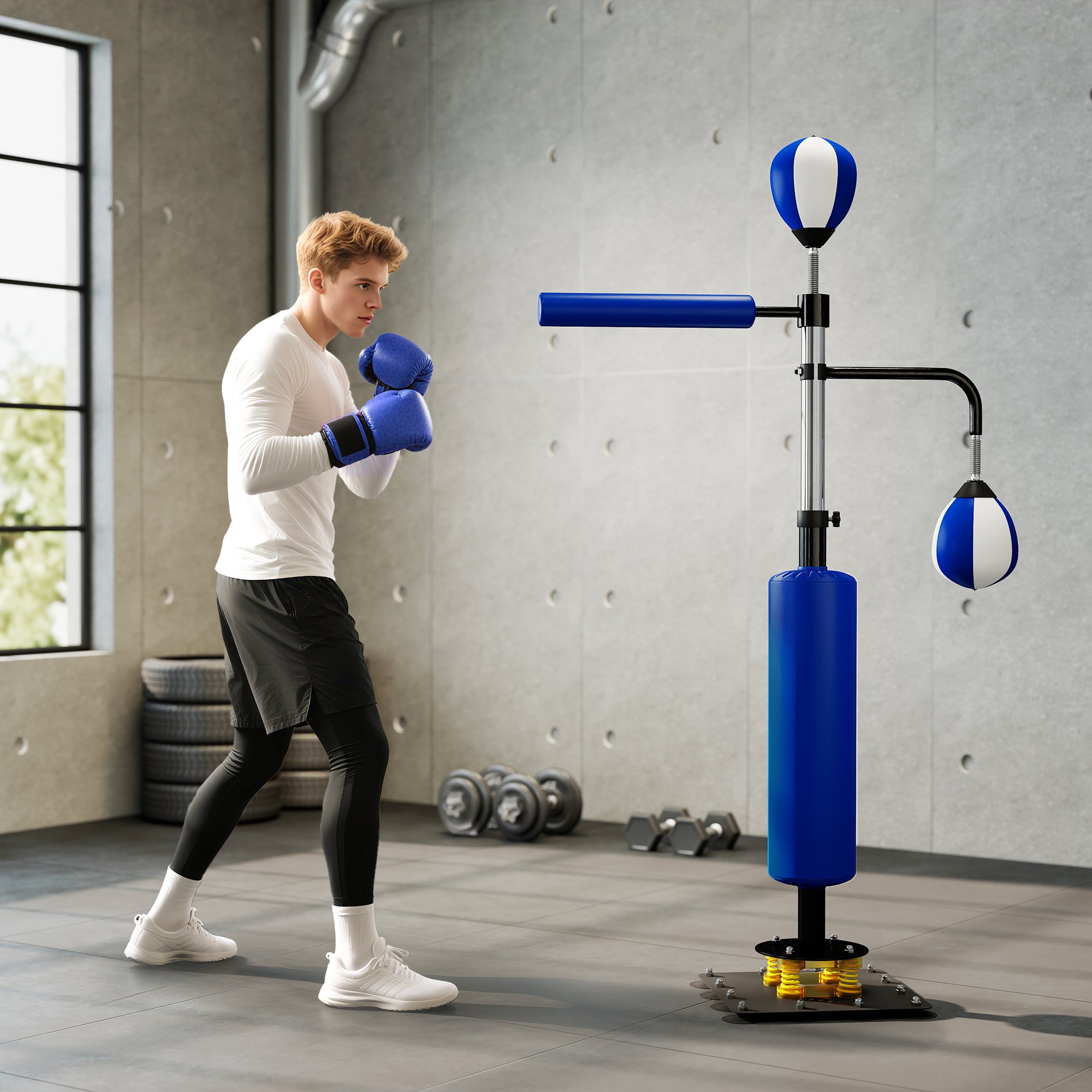 Blue reflex punching bag stand with adjustable arm and two hanging balls