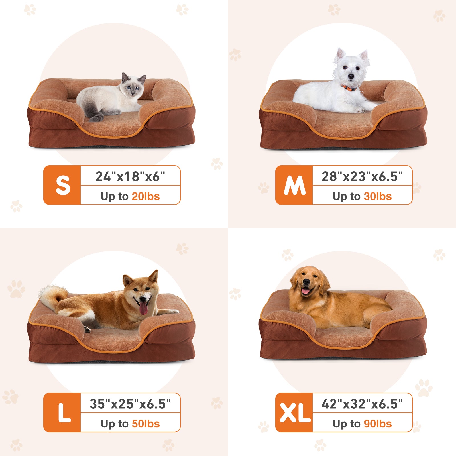 Pet bed size chart for brown: S, M, L, XL with weight limits shown