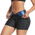 Black sauna sweat shorts with blue front lining and adjustable hook closure waistband
