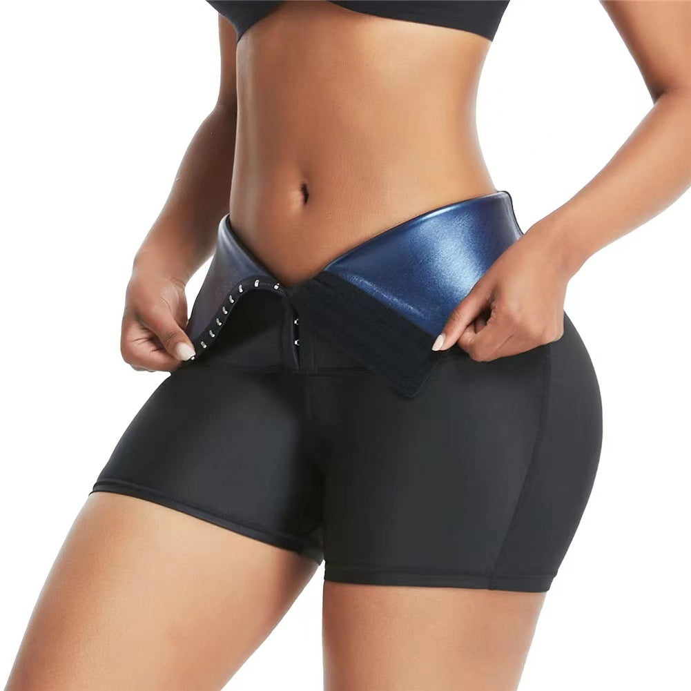 Black sauna sweat shorts with blue front lining and adjustable hook closure waistband