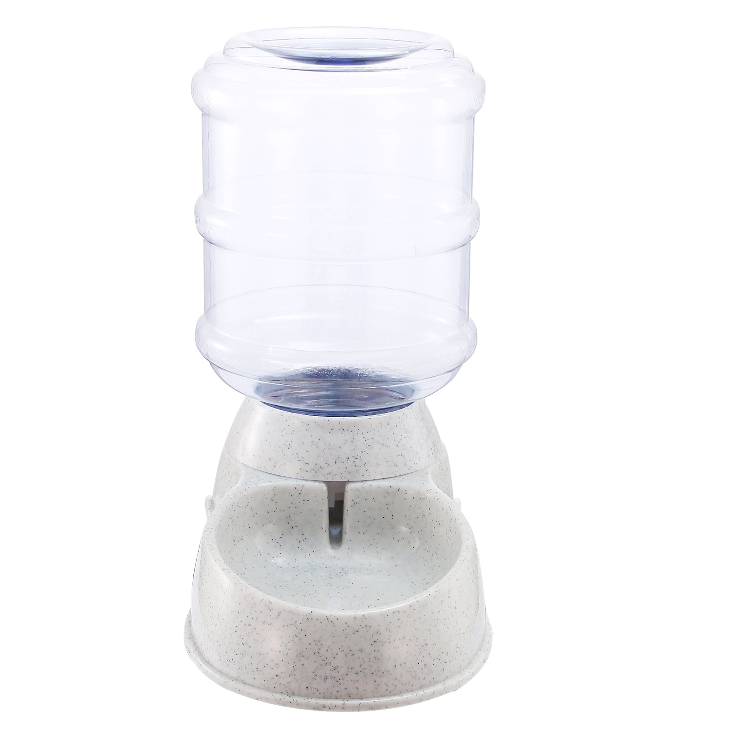 Gravity pet water dispenser with clear barrel, speckled light gray base, and central spout
