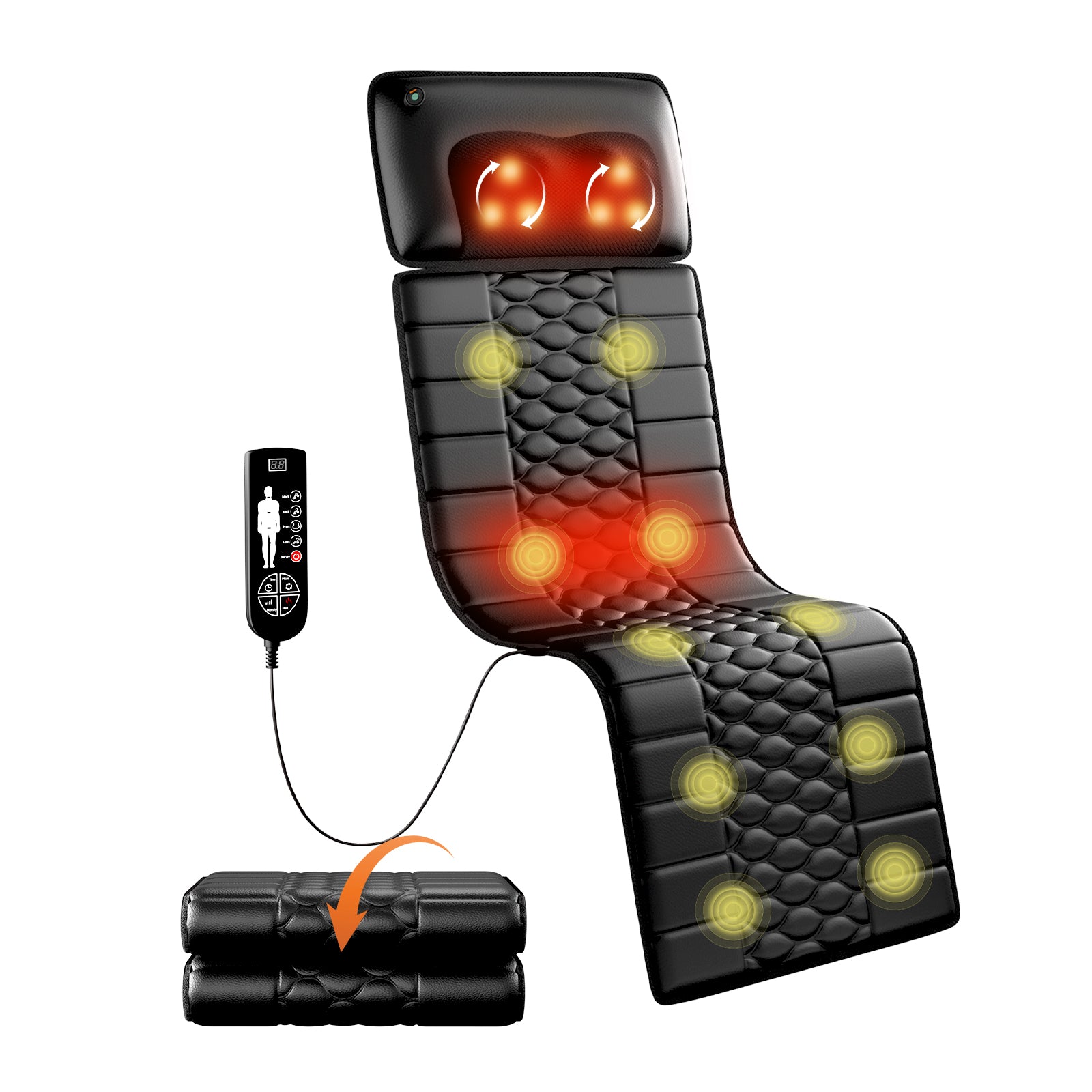 Black massage cushion with remote control and foot massager attachment with heating pads