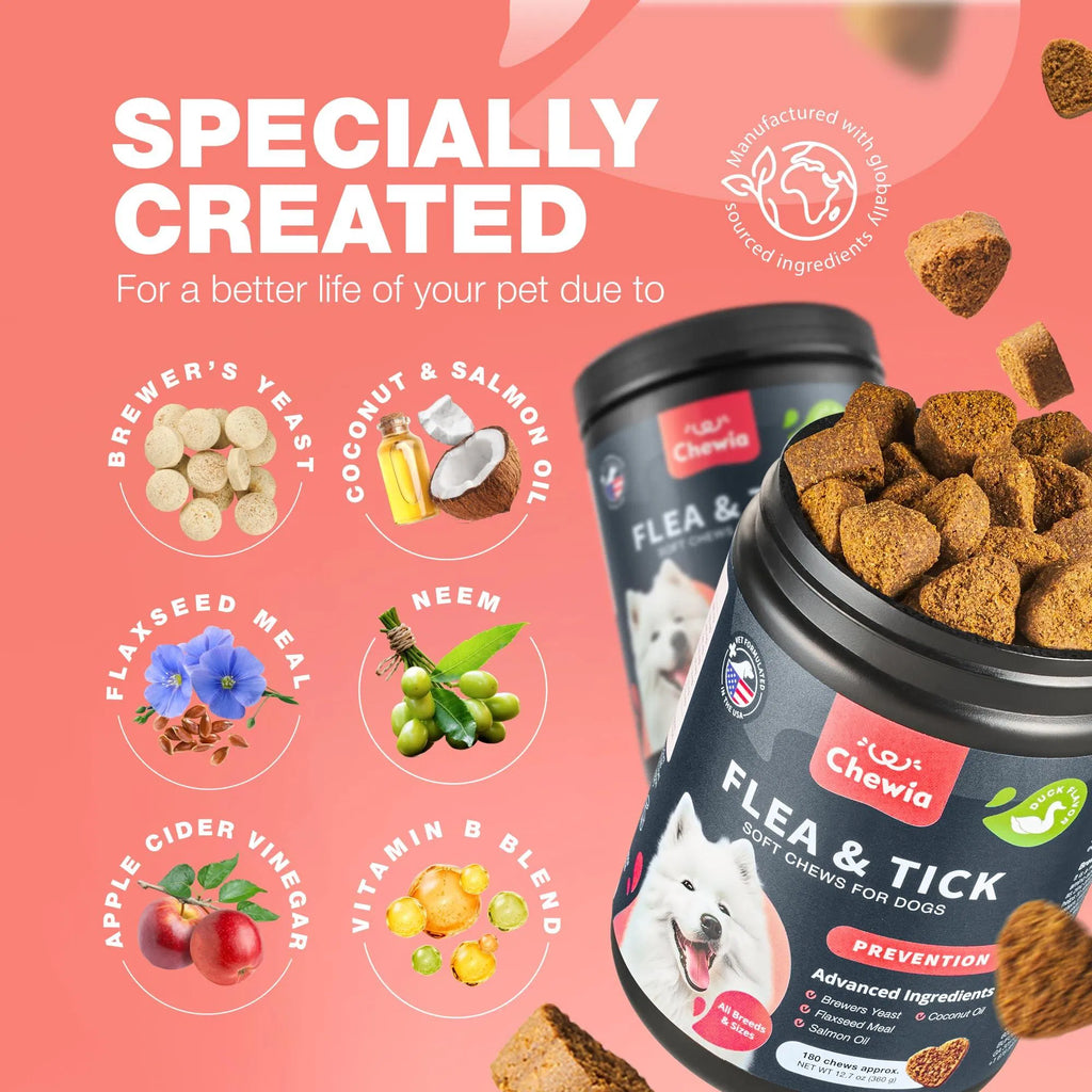 Two flea & tick soft chew jars with brown treat pieces