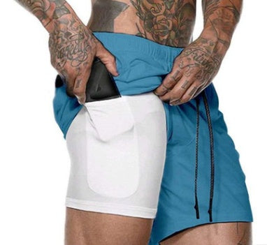 Men’s quick-dry training shorts in blue with side phone pocket and drawstring waist