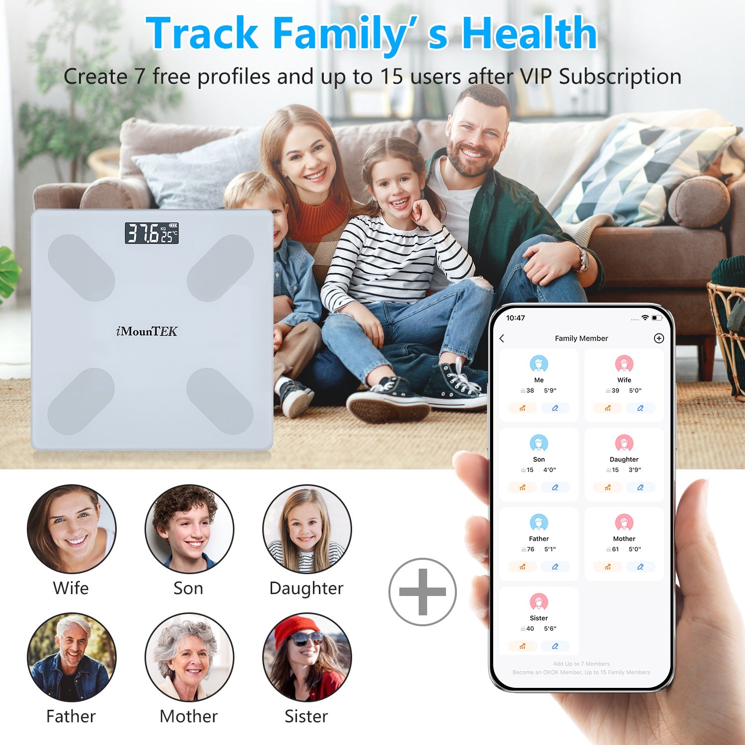 White smart body scale on floor with app showing family profiles