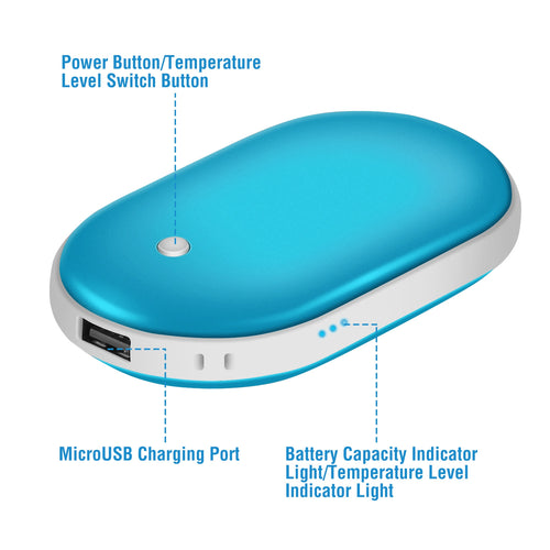 Hand warmer and power bank, blue oval with power button, microUSB port, and light indicator.