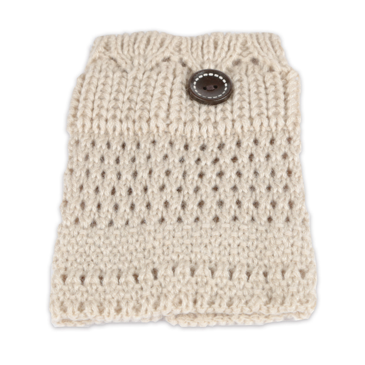 Cream crochet knit leg warmer with round metal button detail