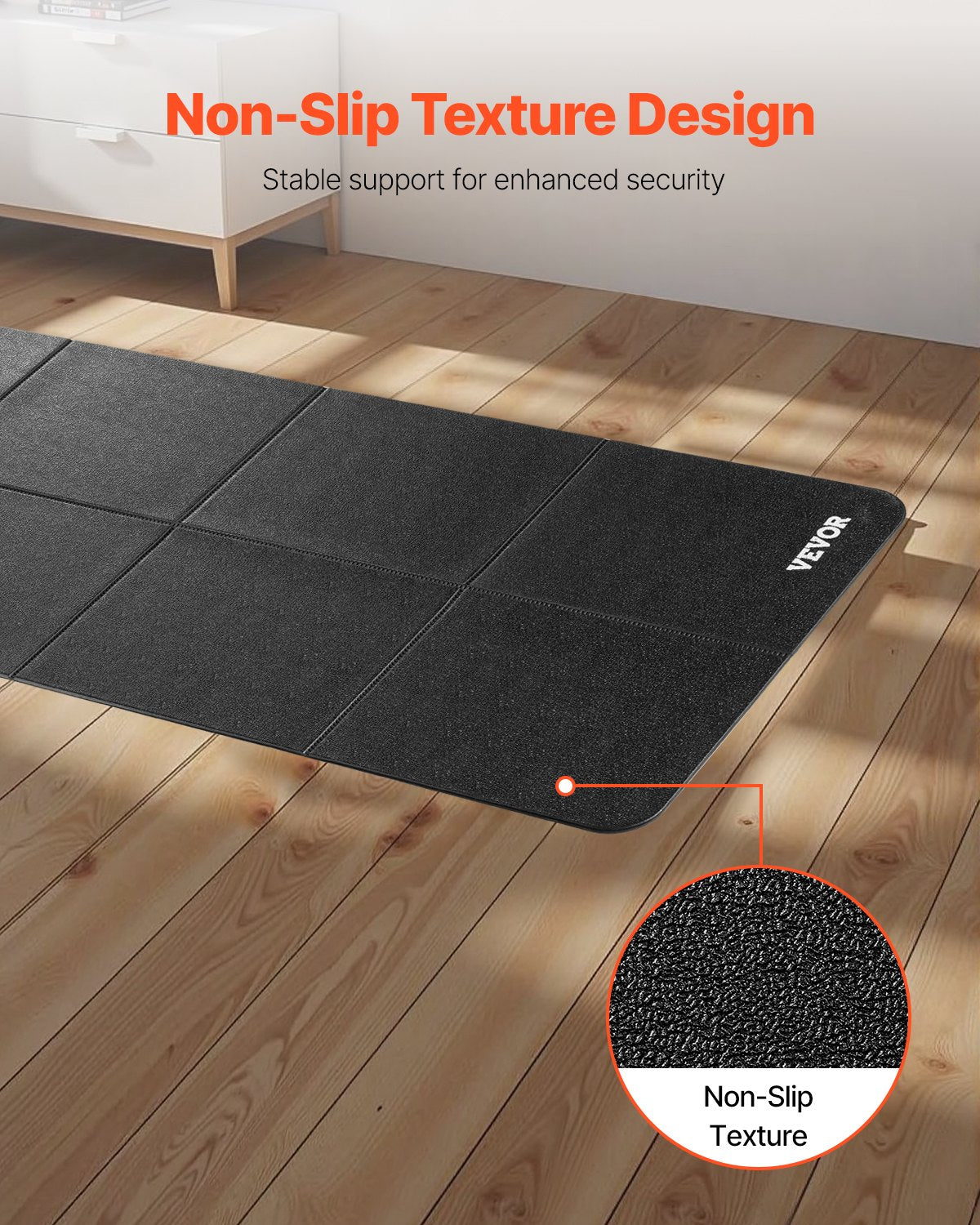 Black non-slip textured floor protector mat with grid panel surface and VEVOR branding