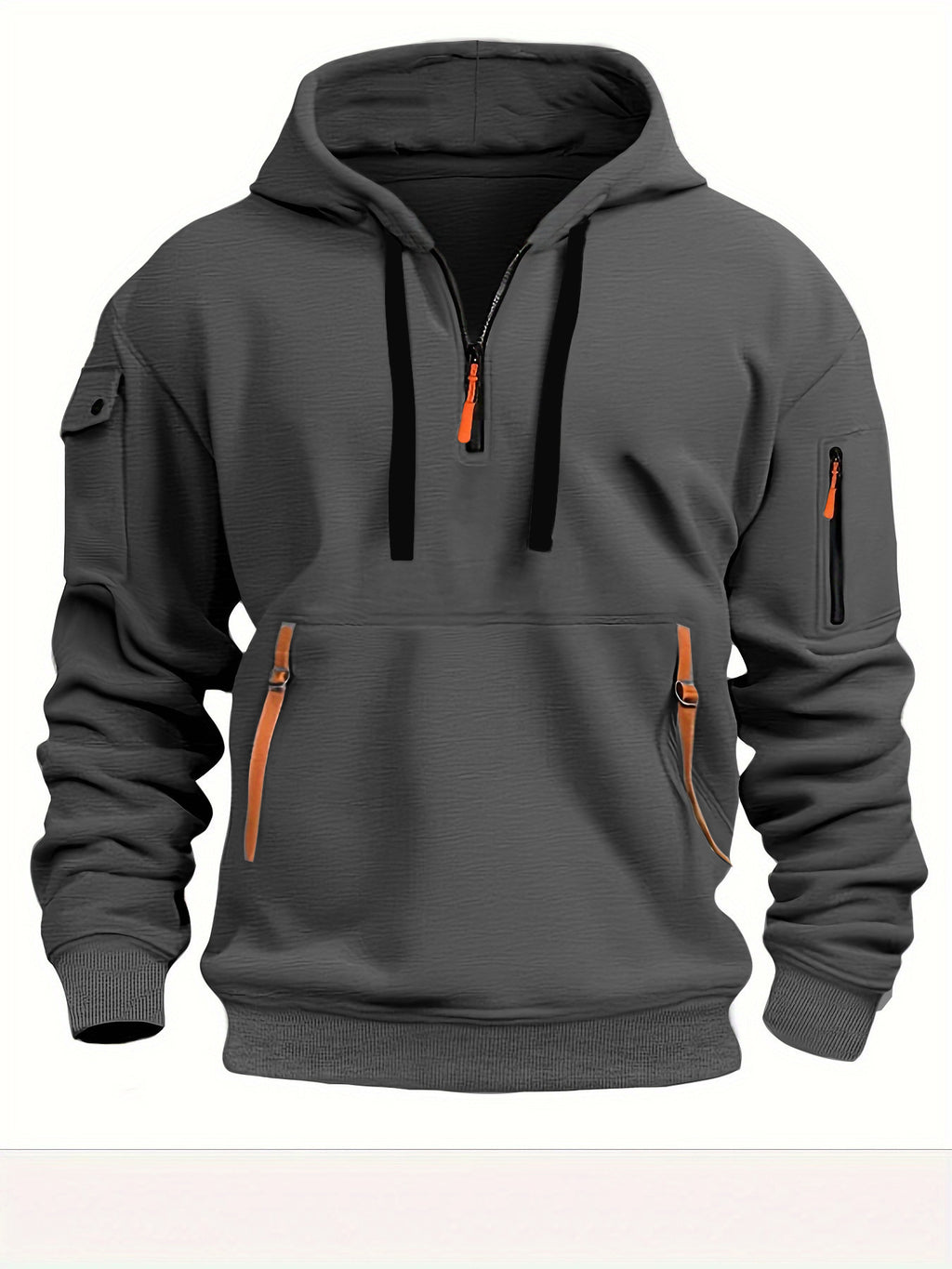 Oversized charcoal gray hoodie with hood and drawstrings, kangaroo pocket, zip sleeve pocket