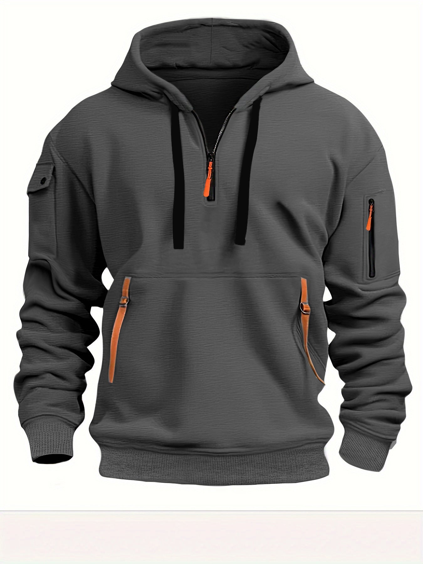 Oversized charcoal gray hoodie with hood and drawstrings, kangaroo pocket, zip sleeve pocket