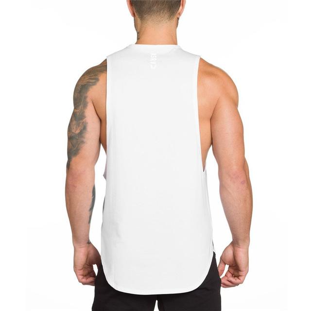 Men's white sleeveless muscle tank top, back view