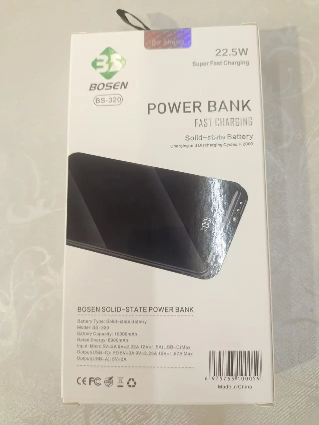 BOSEN power bank packaging with power bank fast charging and solid-state battery details