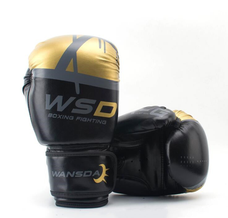 Black and gold boxing gloves with curved knuckle padding and wrist strap